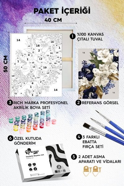 Mavi Beyaz Çiçekler Sayılarla Boyama Seti